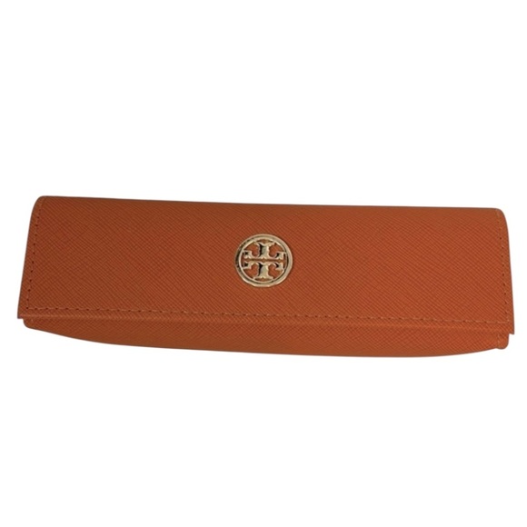 Tory Burch Small Leather Eyeglasses Case Orange with Gold-Tone Logo Hardware - Picture 1 of 10
